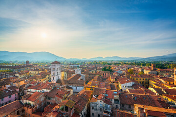 Lucca aerial view of city and San Michele Cathedral. Tuscany, Italy