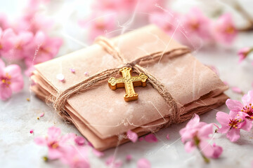 Pink blossoms surround a stack of tied envelopes, adorned with a gold cross