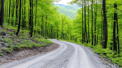 Obraz premium Winding gravel road through lush green forest.