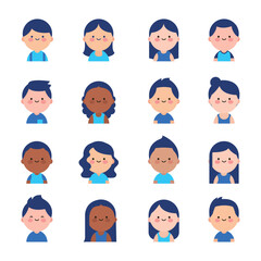 Cute Kawaii Male and Female Avatar Set in Flat Style