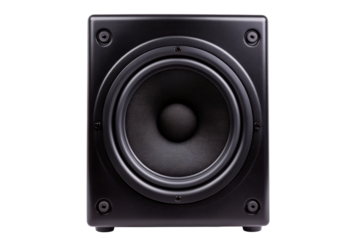 Black subwoofer speaker close-up displaying front view and design details, cut out