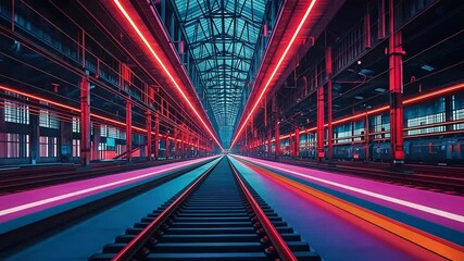 Neon-lit rail tracks lead into a geometric train station tunnel. Red, magenta, and blue illuminate the scene - Powered by Adobe