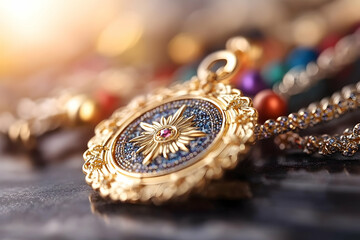 Ornate gold pendant necklace with gemstone accents rests on a dark surface with other jewelry