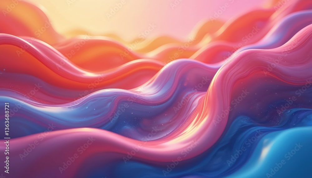 Poster abstract digital art of flowing liquid waves. bright gradient colors blue, pink, orange. modern glos