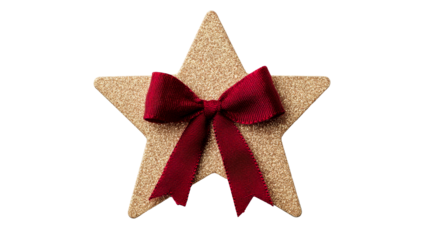 Gold glitter star with red ribbon bow, holiday decoration, cut out transparent