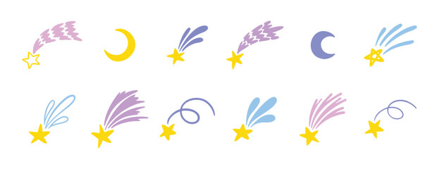 shooting stars doodle set. stars and moon isolated vector childish naive hand drawn cartoon illustration