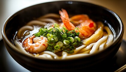 Delicious udon noodles served with fresh shrimp and crisp vegetables.