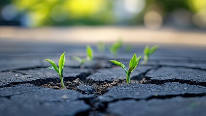 Small green plants sprout from cracks in asphalt