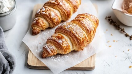 Two golden-brown croissants dusted with powdered sugar on a wooden board.