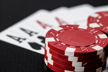 Casino chips and cards on the table. Gambling concept
