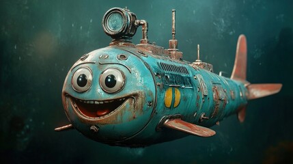 Obraz premium Cartoon submarine, rusty, underwater, happy face.