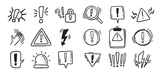Warnings related hand drawn doodle simple icons set. Vector line drawing warnings related icons. © Yanka