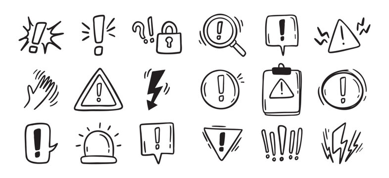 Warnings related hand drawn doodle simple icons set. Vector line drawing warnings related icons.