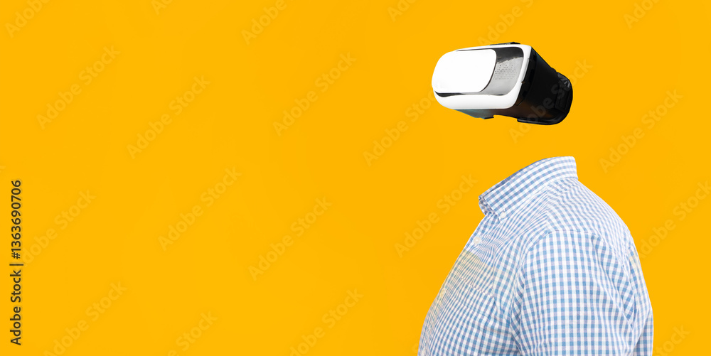 Leinwandbilder A user interacts with a virtual reality headset, fully engaged in a tech experience. The absence of a head adds a surreal feel against a vibrant yellow background, showcasing modern gadgetry.