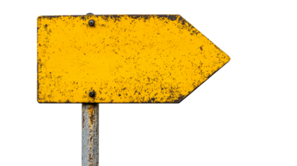 Worn yellow direction signpost, rusted, weathered, old, isolated, cut out transparent