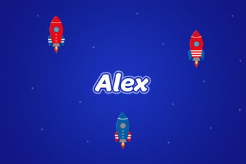 Alex male boy name illustration in blue with rockets.