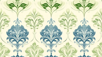 Elegant seamless damask pattern in blue and green hues on a cream background.