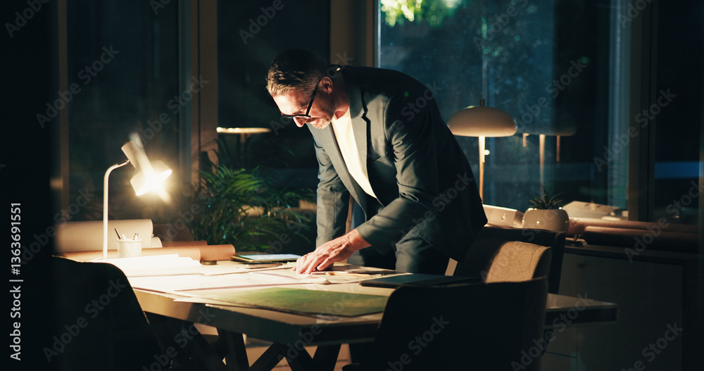 Poster architecture, night and man in office with blueprint for urban planning, property design and floorpl