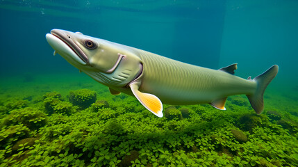 Russian sturgeon swims above the bottom overgrown with algae.