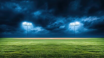 Dramatic baseball field under dark stormy sky