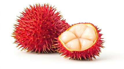 A bright red rambutan shown whole with spiky skin beside a sliced one exposing the translucent fruit inside