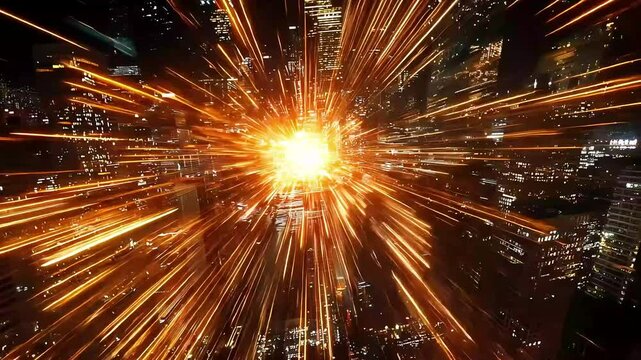 Streaks of light traverse a night cityscape, converging to a central burst of energy