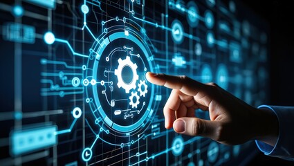 Automation of business or robotic process RPA technology. Transfer of data between application. Businessman touching gears icon on network connection.