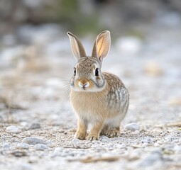 Fototapeta premium Close-up of Desert Cottontail Rabbit Standing on Gravelly Ground Looking Forward