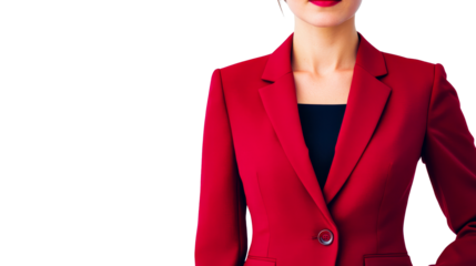 Red blazer on a model with a black background, cut out transparent