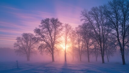 Trees silhouetted against a pink sunrise over a snowy, foggy winter landscape.