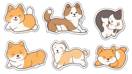 Fototapeta premium Six cute cartoon dogs in various poses, white background, ideal for stickers