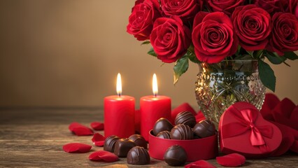 Romantic scene: Red roses, chocolate, candles, and a heart-shaped gift.