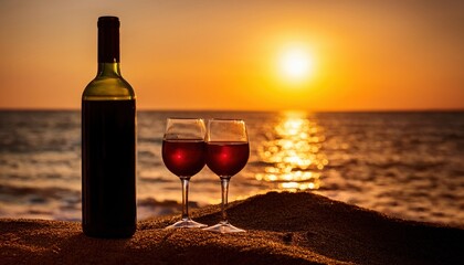 Romantic sunset beach scene with wine bottle and glasses