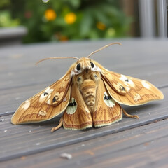 Closeup on a large tabby or grease moth, Aglossa pinguinalis sitting on the garden table