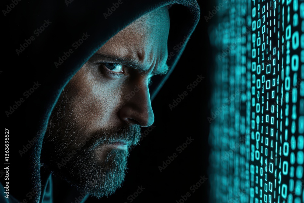 Poster intense hacker analyzing code in dark environment