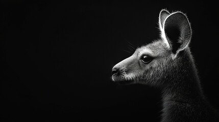Obraz premium A monochrome portrait of a kangaroo's face illuminated from the side, set against a dark background