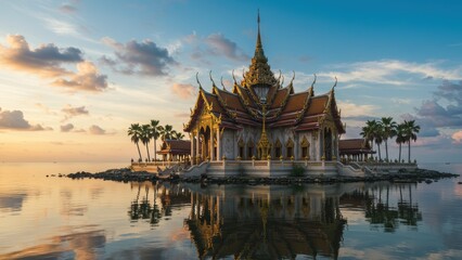 Ornate temple with golden details reflected in calm water at sunrise.