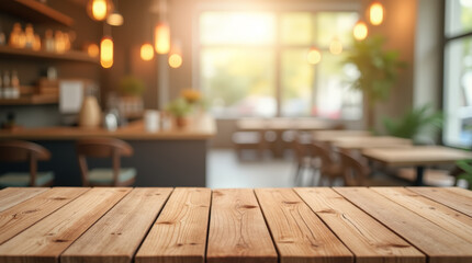 Empty wood table top on blur background cafe restaurant background