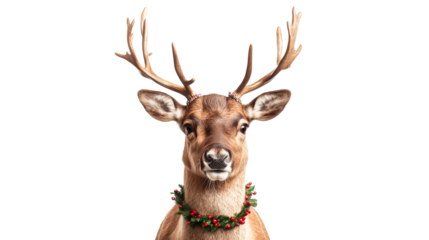 Festive deer with antlers wearing Christmas wreath, cut out transparent