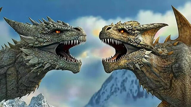 Two fierce dragons face off against a backdrop of majestic mountains