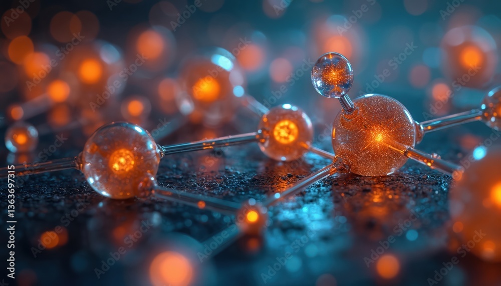 Aufkleber Futuristic molecule model glass sphere glowing core. Scientific tech medical concept. 3d render digital art. Atom structure connection network. Nano tech, innovative tech background.