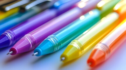 A close up view of colorful ballpoint writing pens