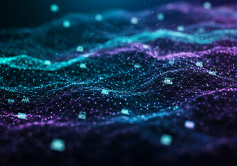 A stylized, abstract digital illustration depicting data flow and connected computing elements over a wave.