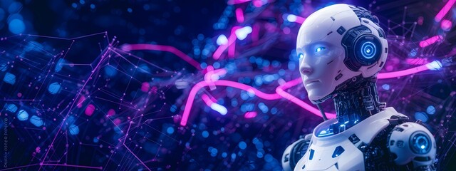 Fototapeta premium 3D humanoid AI robot metaverse cyberspace digital world background revolution artificial intelligence automated digital technology industry 4.0, humanoid concept Neural Connections Cybernetic Networks