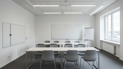 Bright meeting room with white table and chairs, whiteboard and flip chart