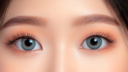 Obraz premium Close-up of a woman's beautiful eyes with peachy makeup.