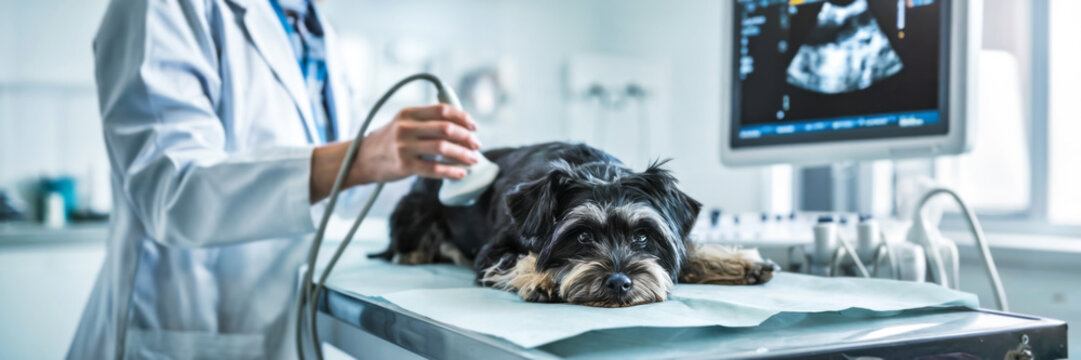 A veterinarian is examining a dog with an ultrasound scanner at veterinary clinic, long banner