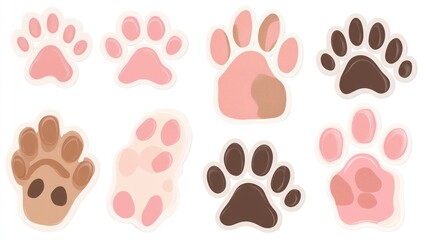 Fototapeta premium Colorful animal paw prints on white background; pet, design, illustration