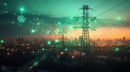 Futuristic power lines over a city at twilight, illuminated by glowing digital connections.