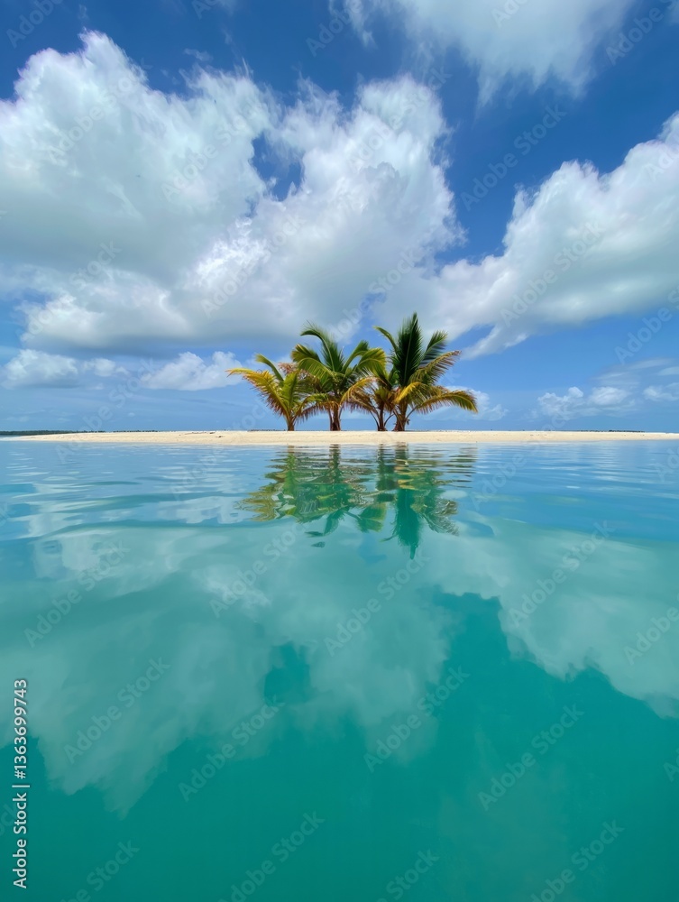 Poster a tropical island with a white sandy beach surrounded by turquoise water. there are three palm trees
